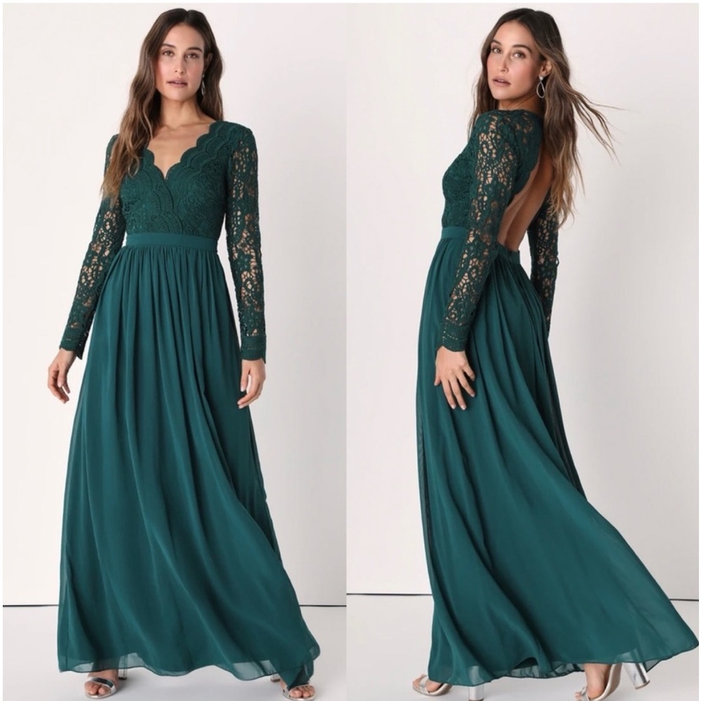 Lulu's Awaken My Love Forest Green Long Sleeve Lace Maxi Dress Size MED NWT